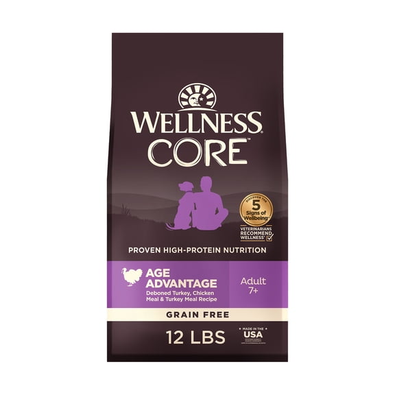 Wellness CORE Senior Dry Dog Food, Grain Free, High Protein, Natural, Age Advantage Turkey & Chicken Recipe, (12-Pound Bag)