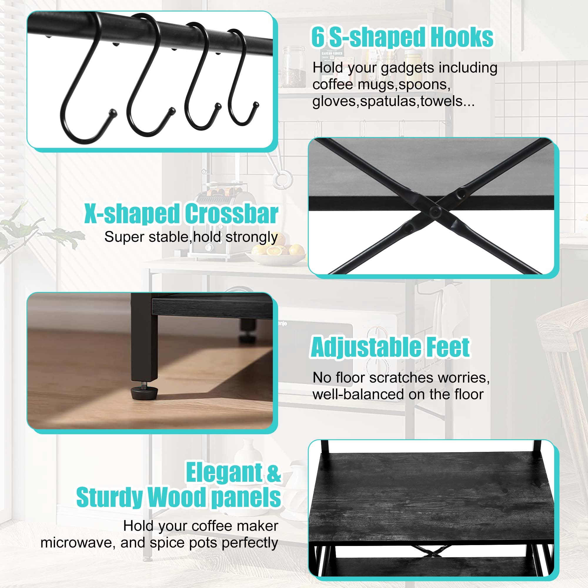 Copedvic 4-Tier Bakers Rack Microwave Oven Stand Shelves Coffee Bar Table Kitchen Storage Rack Organizer, Black