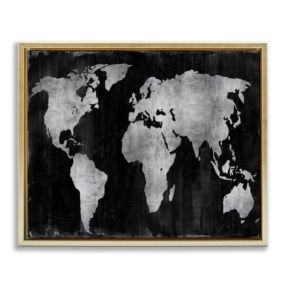 Stupell Industries Modern Weathered Black World Map Gold Floating Frame Canvas Art, 31 x 25, by Russell Brennan