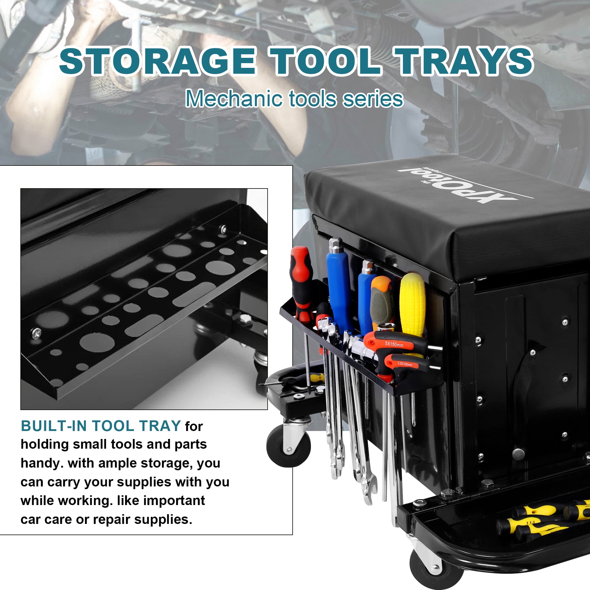 Aukfa Tool Chest Seat, Steel Rolling Tool Box with Wheels and Foldable Magnetic Storage Trays, 3-Drawers, 350LBS Capacity, Black
