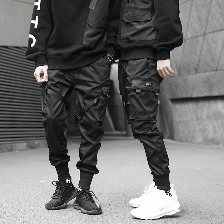 Men Cargo Pants Black Ribbons Block Multi-Pocket Harem Joggers Sweatpant  Hip Hop Casual Male Trousers 