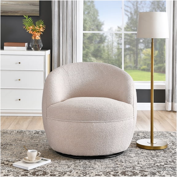 JERFIT Modern Swivel Accent Chair with Plush Teddy Sherpa Upholstery, 360° Rotation Barrel Chair for Living Room, Bedroom, Beige Fabric Lounge Chair