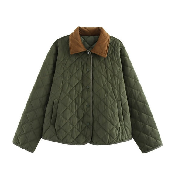 Women's Quilted Jacket Button Down Long Sleeve Tops Lightweigh Open Front LapelShirt with Pockets Olive Green M