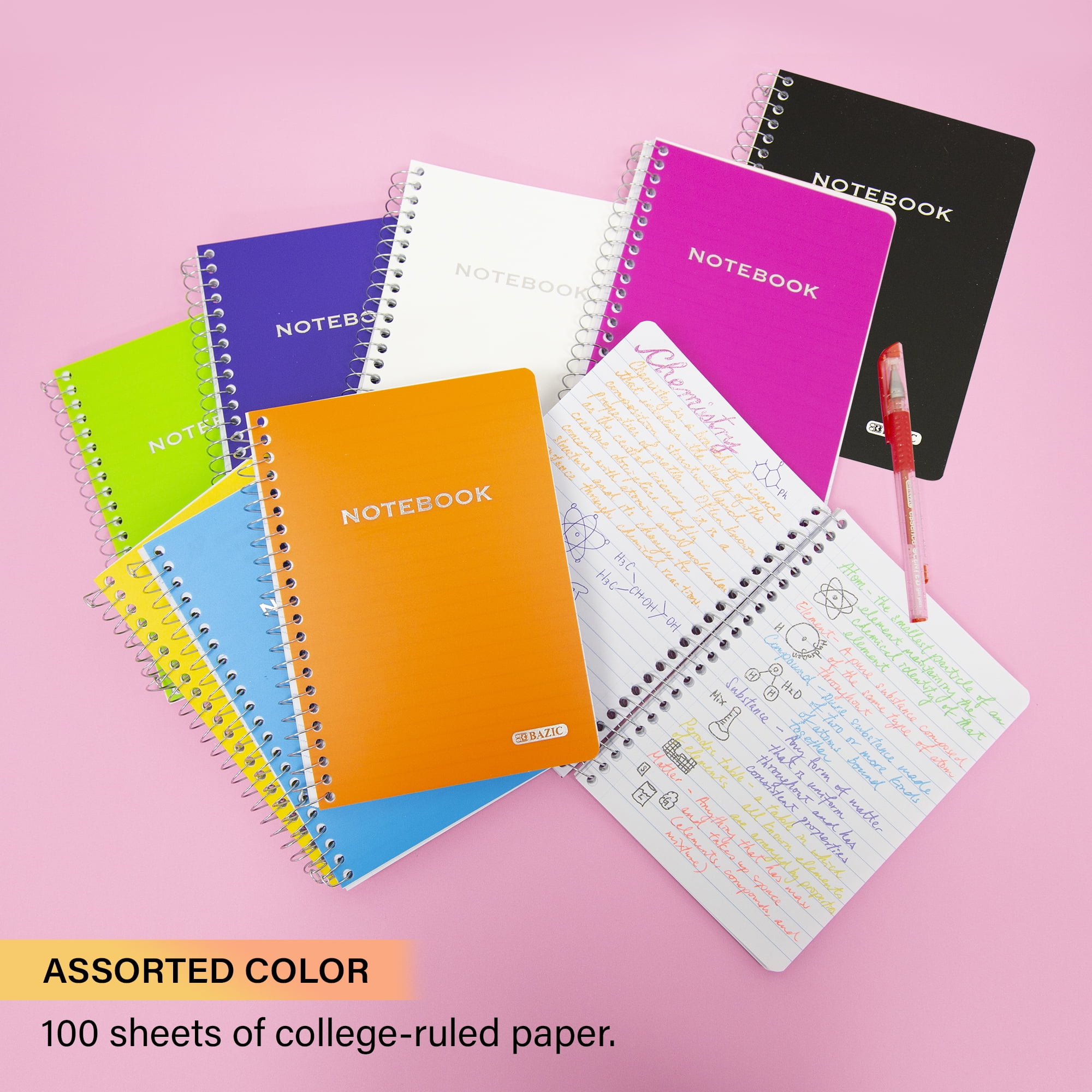 BAZIC College Ruled Poly Cover Spiral Notebook 100 Sheet 5" x 7", Assorted Color, 36-Pack
