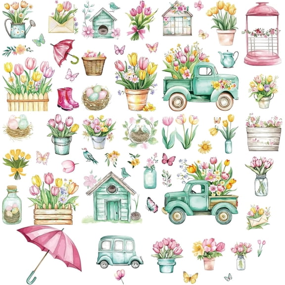 8 Sheets Tulips Wall Stickers Flower Stickers Spring Season Plant Window Umbrella PVC Waterproof Self Adhesive Wall Decals Removable