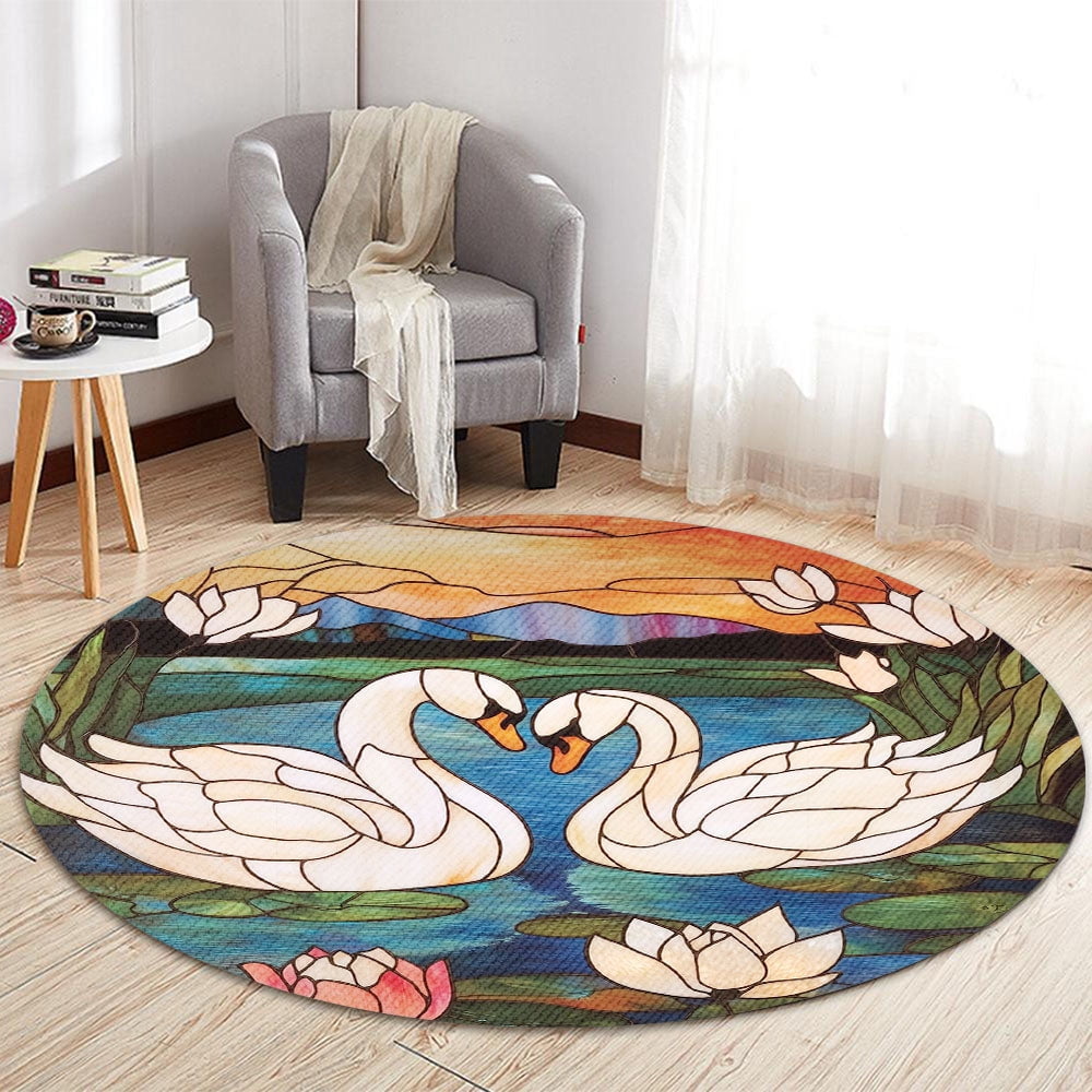 Round Rug, Swans Soft Washable Carpet, Non-Slip Floor Mat for Living Room Bedroom Home Decor 24 Inch