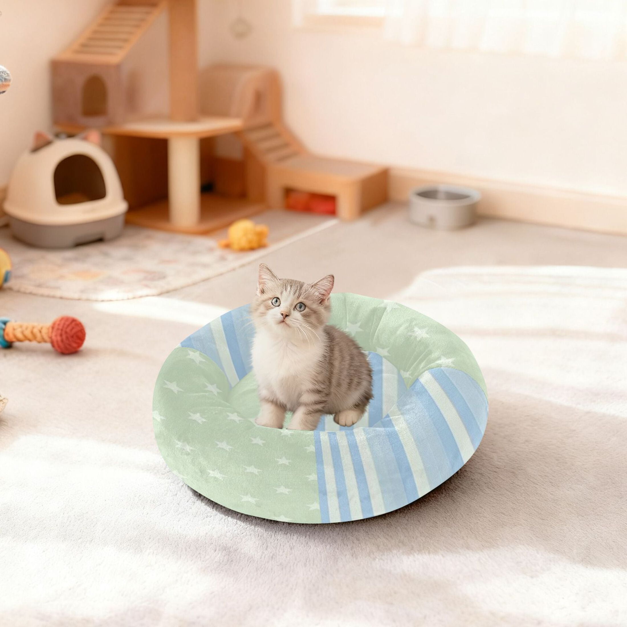 Iauyy Pet Couch Donut Cat Bed for Indoor Cats/Small Dogs Washable & Machine with Non-slip Bottom Calming Cat Furniture, Vertical Striped Light Blue (M)