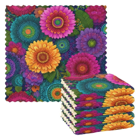 6PCS Dish Towels and Dish Cloths Reuseable Dishcloths Sets for Washing Dishes, Cooking, Baking Size 11" x 11" Colorful Blooming Flowers