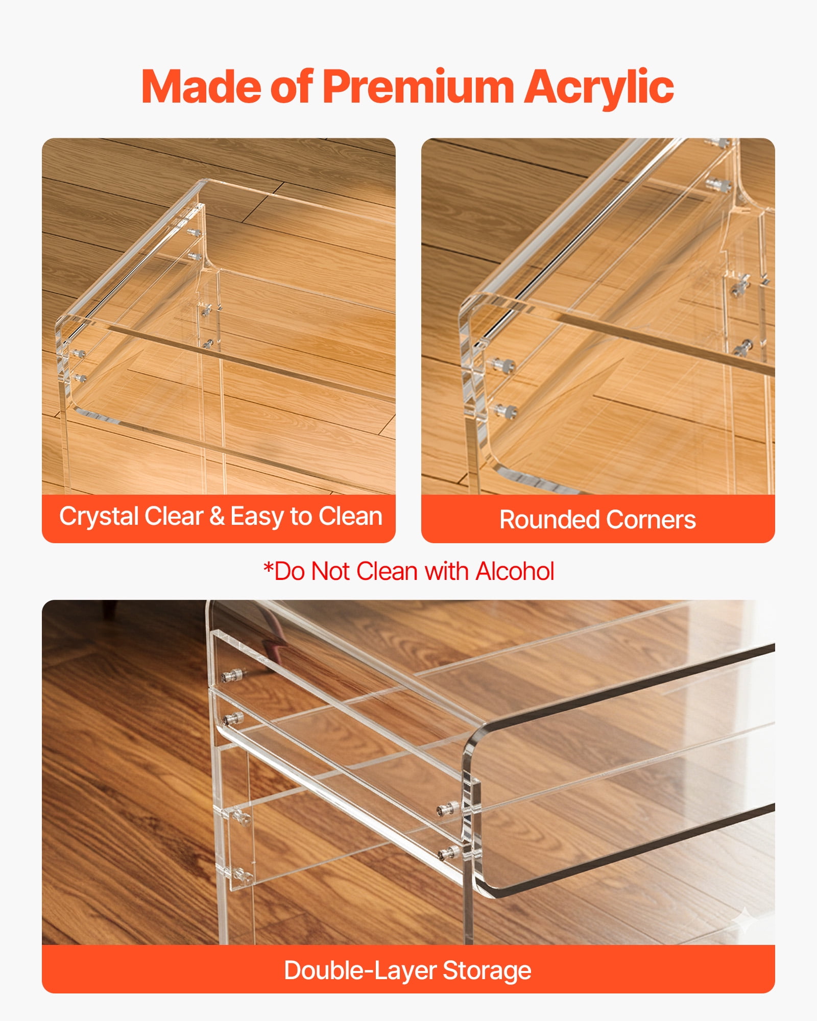 VEVOR Acrylic Table, 2 Tiers Clear End Table with Storage Shelf, Modern Rectangle Acrylic Side Desk, Transparent Thick Desk Nightstand for Bedroom, Office, Living Room, 15.7 x 33.5 x 29.5 in (Clear)