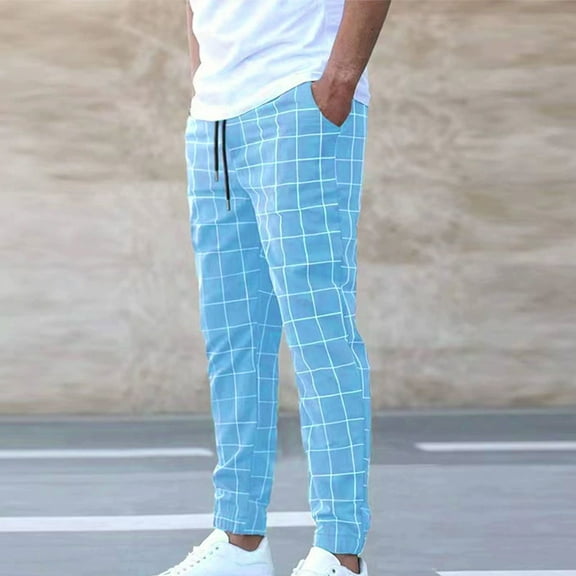 HOMADLES Mens Joggers Sweatpants with Drawstring Slim Fit Elastic Waist Plaid Print Pants Casual Jogger Pants for Men Sky Blue S