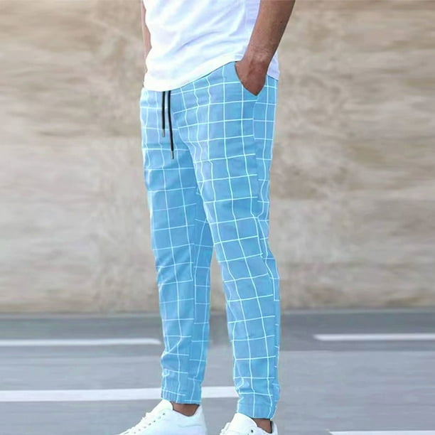 Pantalones largos para hombre, estilo casual, deportivo, a cuadros, con cintura elástica y bolsillos.