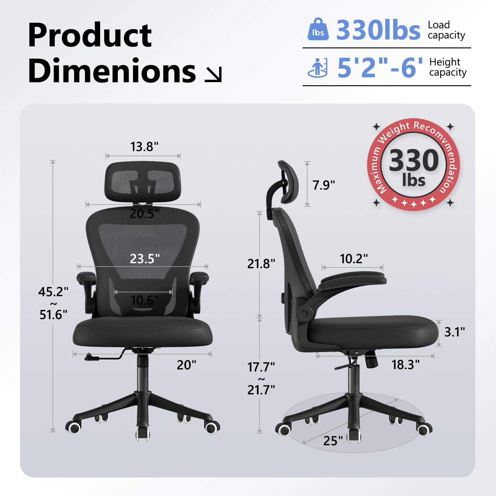 HomeZeer Desk Chairs with Wheels, Mesh Office Chair with Lumbar Support, Ergonomic High Back Office Chair with Adjustable Headrest, Task Chair Flip-up Arms, Executive Office Chair Home Office, Black
