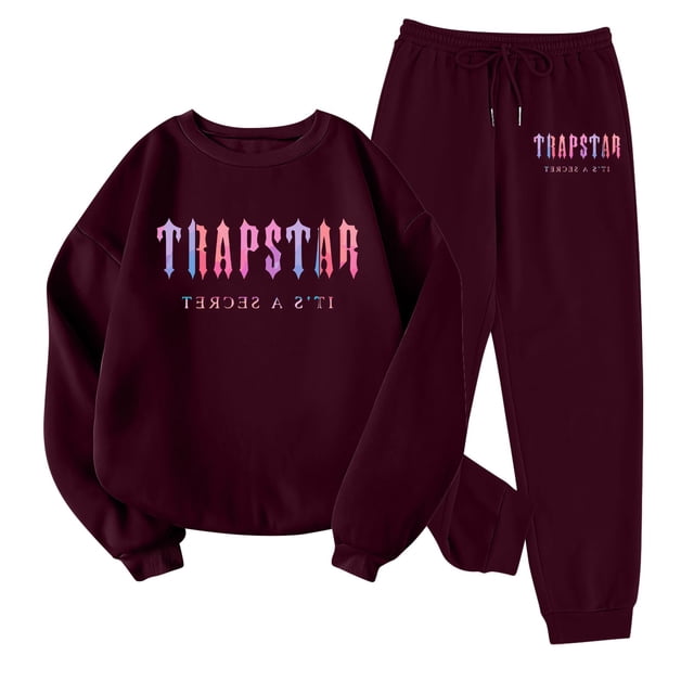 Trapstar Chandails à Col Rond pour Femmes Ensembles Manches Longues Graphiques Chandails pour Femmes Amples Trapstar Style de Rue Hip-hop Chandails à Enfiler+pantalons de Survêtement Ensemble pour Femmes de 2 Vêtements Classiques pour Femmes (Vin, TG)