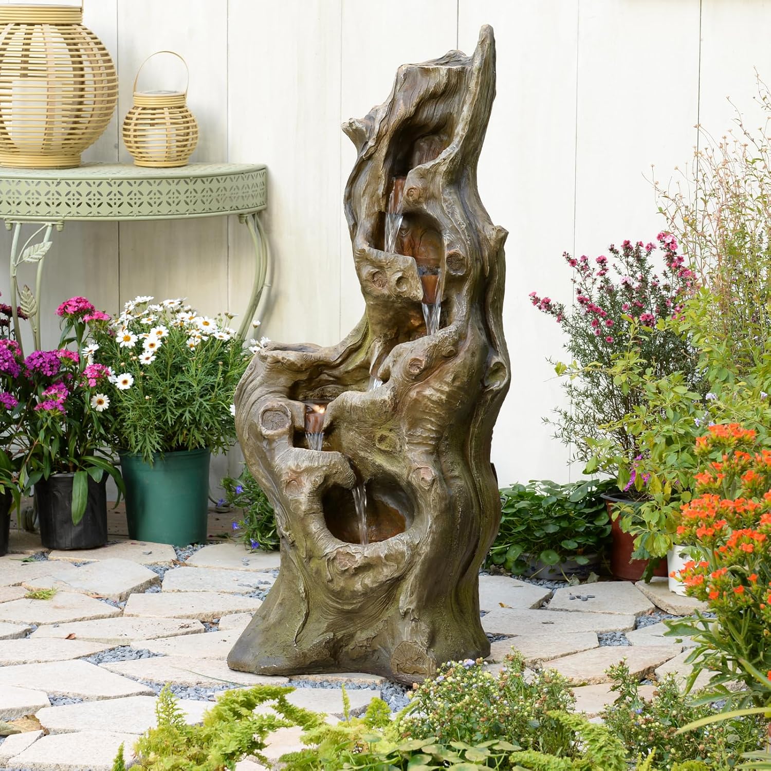 Water Fountain Outdoor 5-Tiers Large Cascading Realistic Tree Trunk Natural Waterfall Outdoor Fountain Resin Imitation Wood with LED Lights for Garden, Patio, Porch