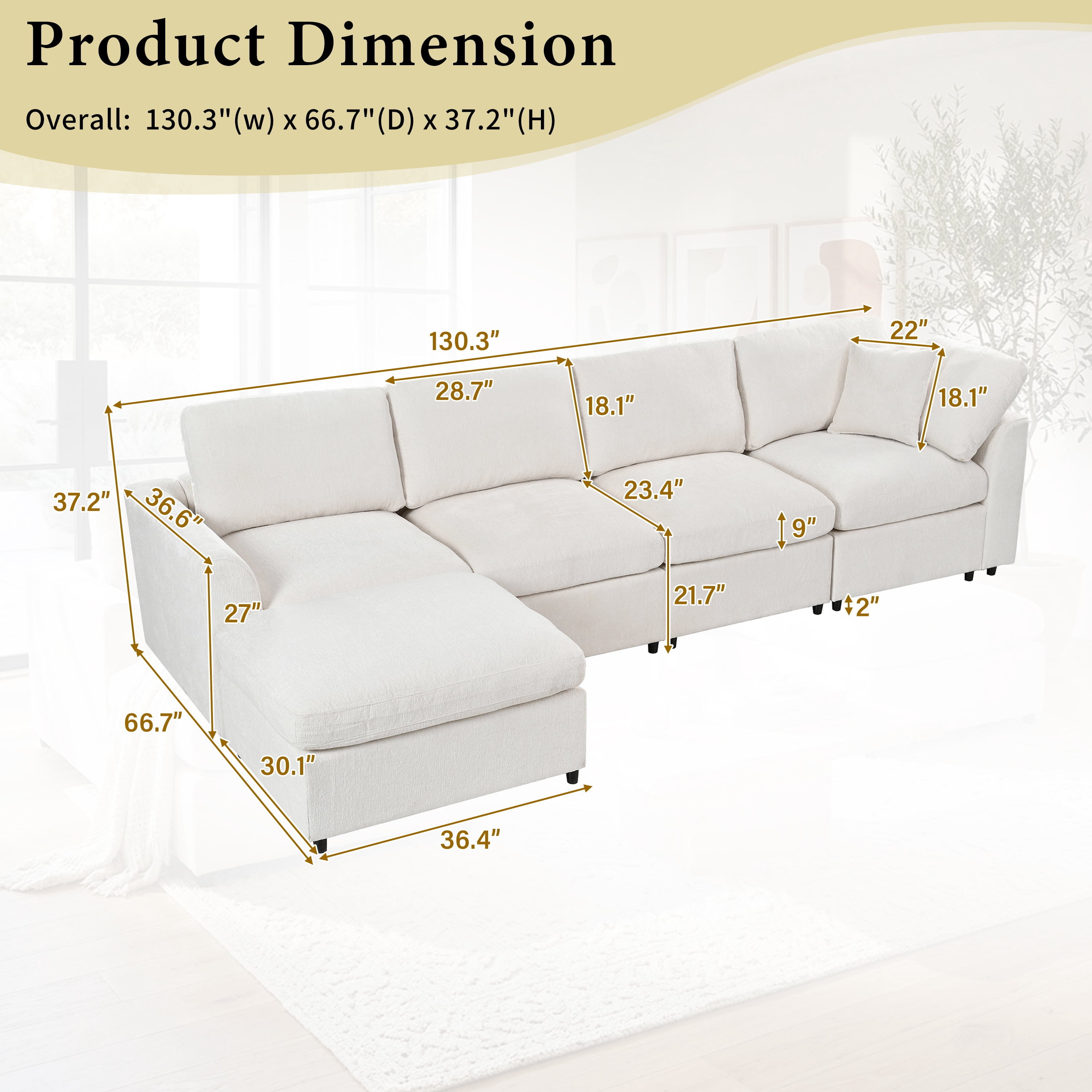 Howcool 130.3"W L-Shaped Modular Sectional Sofa with Movable Ottoman,5-Seater Chenille Upholstered Sofa,Deep Seat Sofa Couch for Living Room and Apartment,Beige