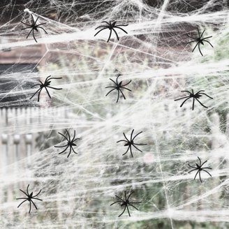 Halloween Glow Spider Webs With 37 Fake Spiders & Blacklight Lamps - Spooky Indoor Outdoor Decor
