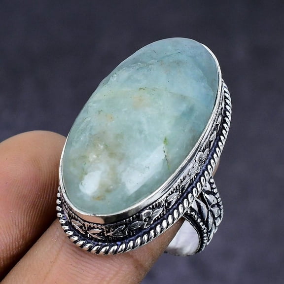 Natural Aquamarine Gemstone 925 Sterling Silver Jewelry Ring Size 9