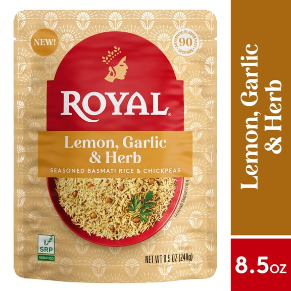Authentic Royal Ready-to-Heat Lemon Garlic Herb Long Grain Basmati Rice, 8.5 oz Microwavable Pouch