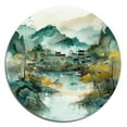 thumbnail image 3 of Designart "Faded Mountain Village II" Landscape Mountains River Round Metal Art, 3 of 5