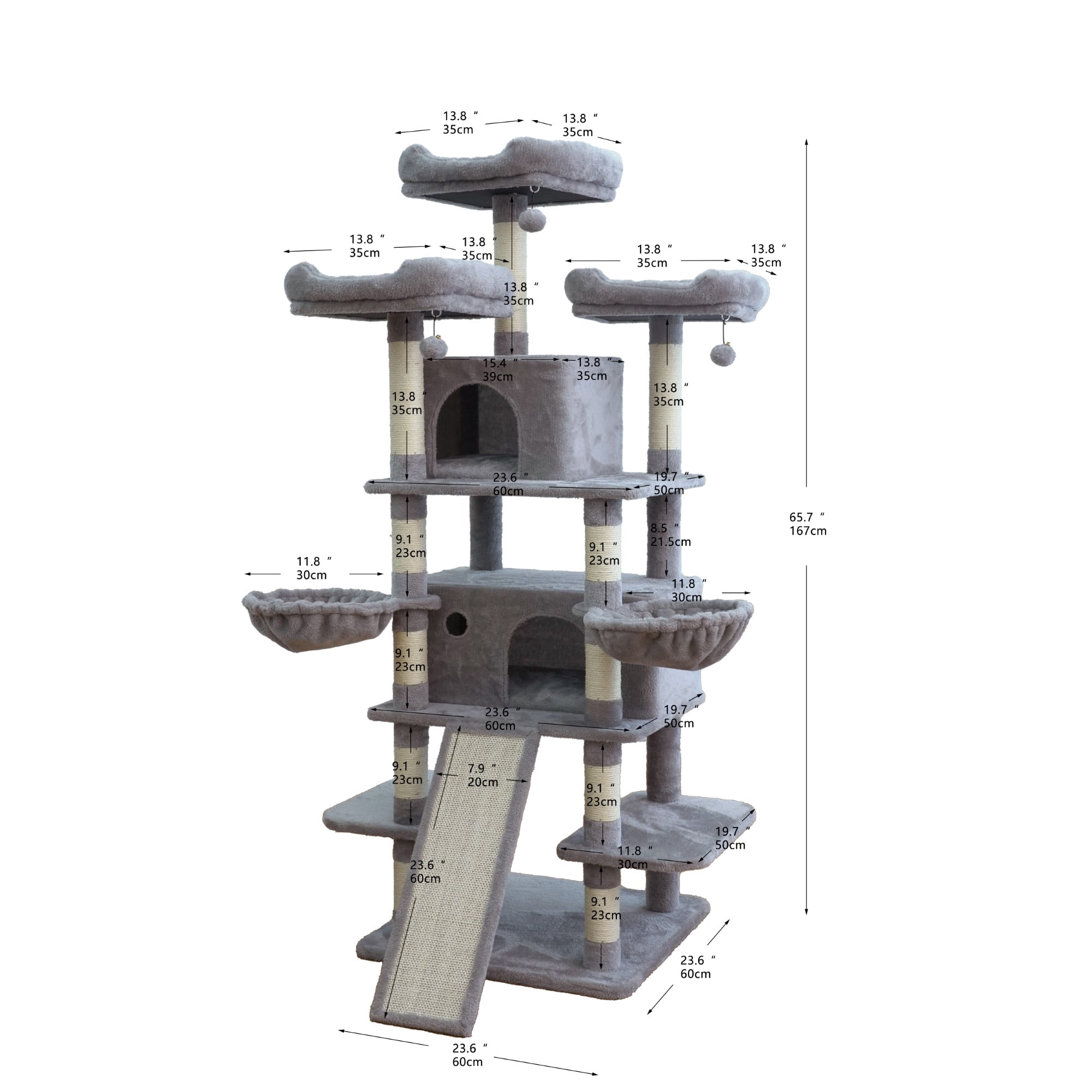 Vibrant Life Heavy Duty 8-Level 66" Cat Tree with Scratching Ramp, Two Condos and Hammocks, Light Gray