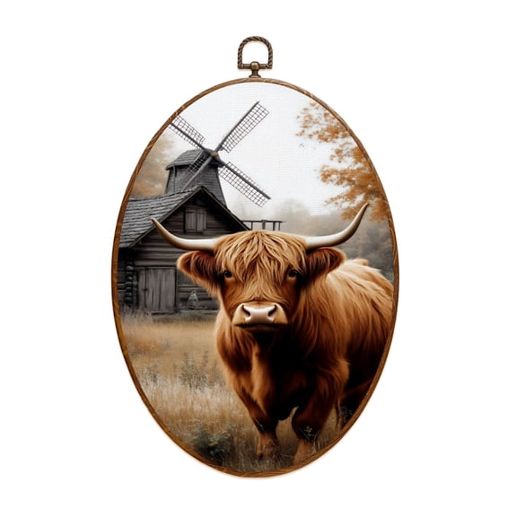 Canvas Wall Art Cow Old Barn Modern Highland Cow Windmill Farmhouse Nature Rustic Oval Framed Canvas Prints Vintage Wall Hanging Decor for Office Kitchen Bathroom Gifts For Women 8.6"x11.4"
