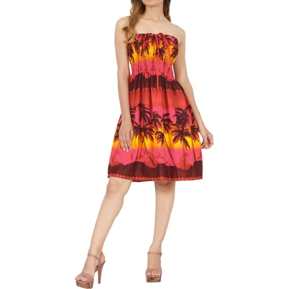 HAPPY BAY Women's Summer Boho Beach Backless Smocked Mini Flowy Dress Tube Top Strapless Dresses for Women L-XL Red, Palm Tree