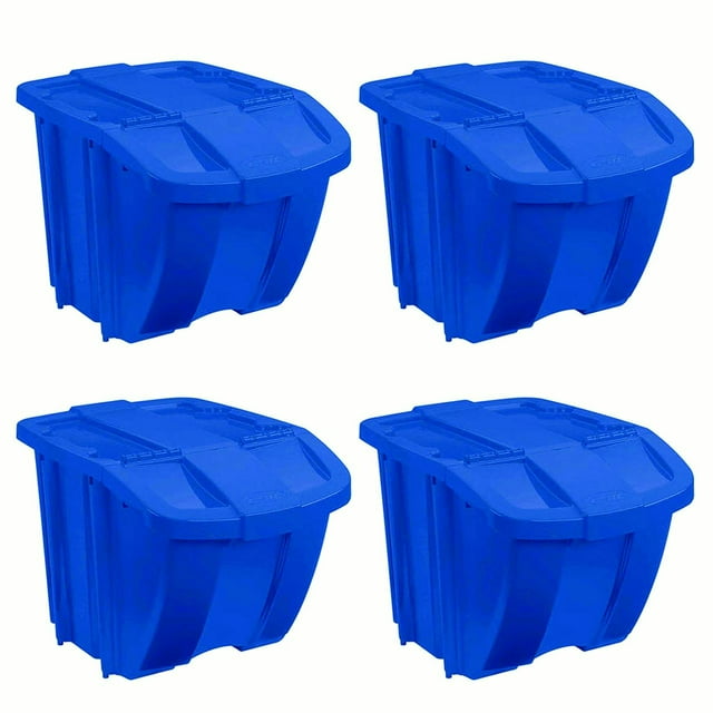 Suncast 18 Gallon Durable Stackable Resin Home Storage Bin w/ Lid, Blue (4 Pack)