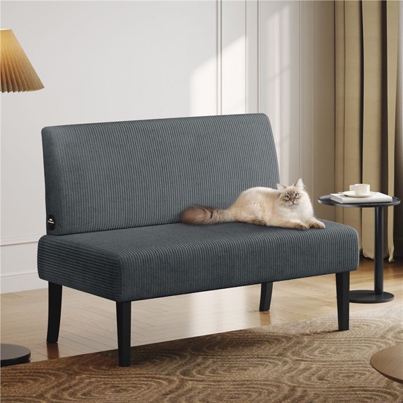 Yaheetech Corduroy Armless Loveseat with Strong Rubberwood Legs & USB Ports, Dark Gray