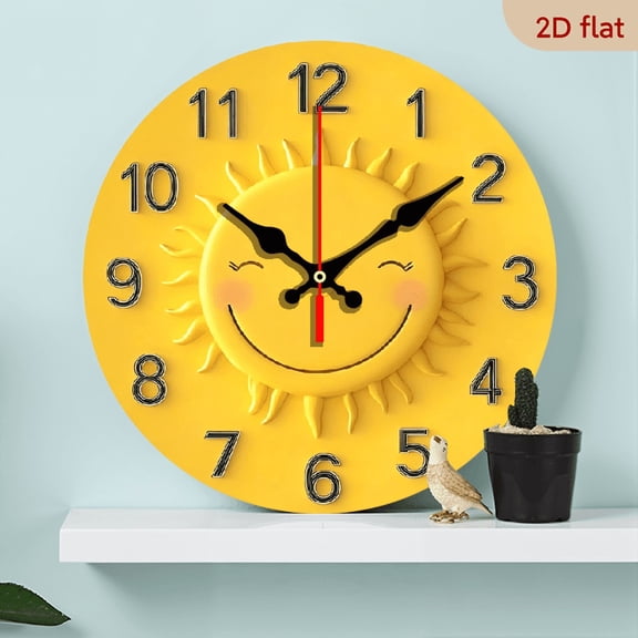 2D Flat 1pc 10Inch Wooden Smiling Sun Wooden Wall Clock - Farmhouse Style Silent Non-Ticking Round Clock with Vibrant Yellow Face Black Numbers, Battery Operated (AA Not Included)