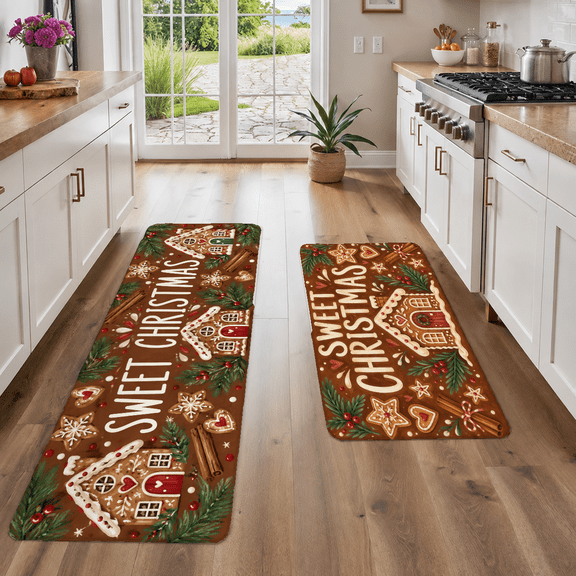 Christmas Gingerbread Kitchen Mat Set of 2, Sweet Christmas Pattern Non-Slip Floor Rugs 16x24 Inch and 18x48 Inch
