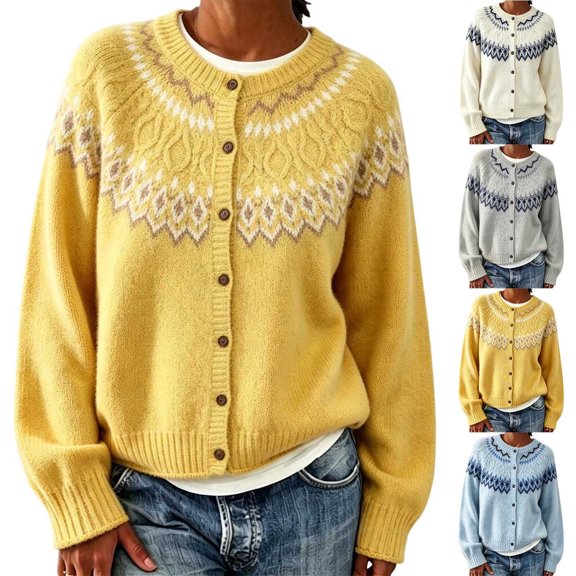 Sweater for Women Crew Neck Button Down Cardigan Fair Isle Knit Long Sleeve Relaxed Fit Casual Fall Pullover