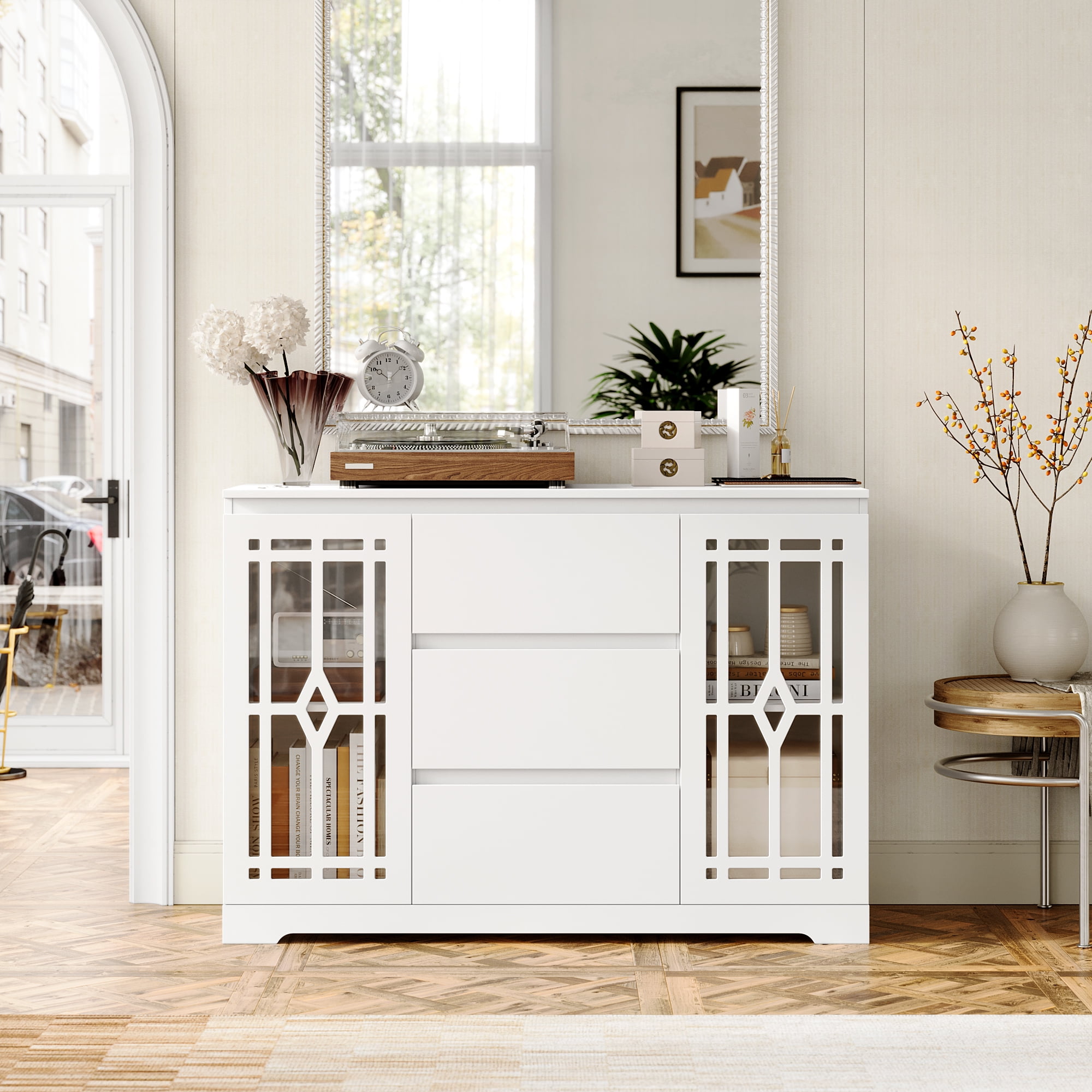 Homfa White Accent Cabinets, 3 Drawer Storage Cabinet, Modern Wooden  Cupboard with 3D Frosted Glass for Living Room