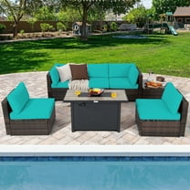 Gymax 7PCS Patio Rattan Furniture Set Fire Pit Table Cover Cushion Turquoise