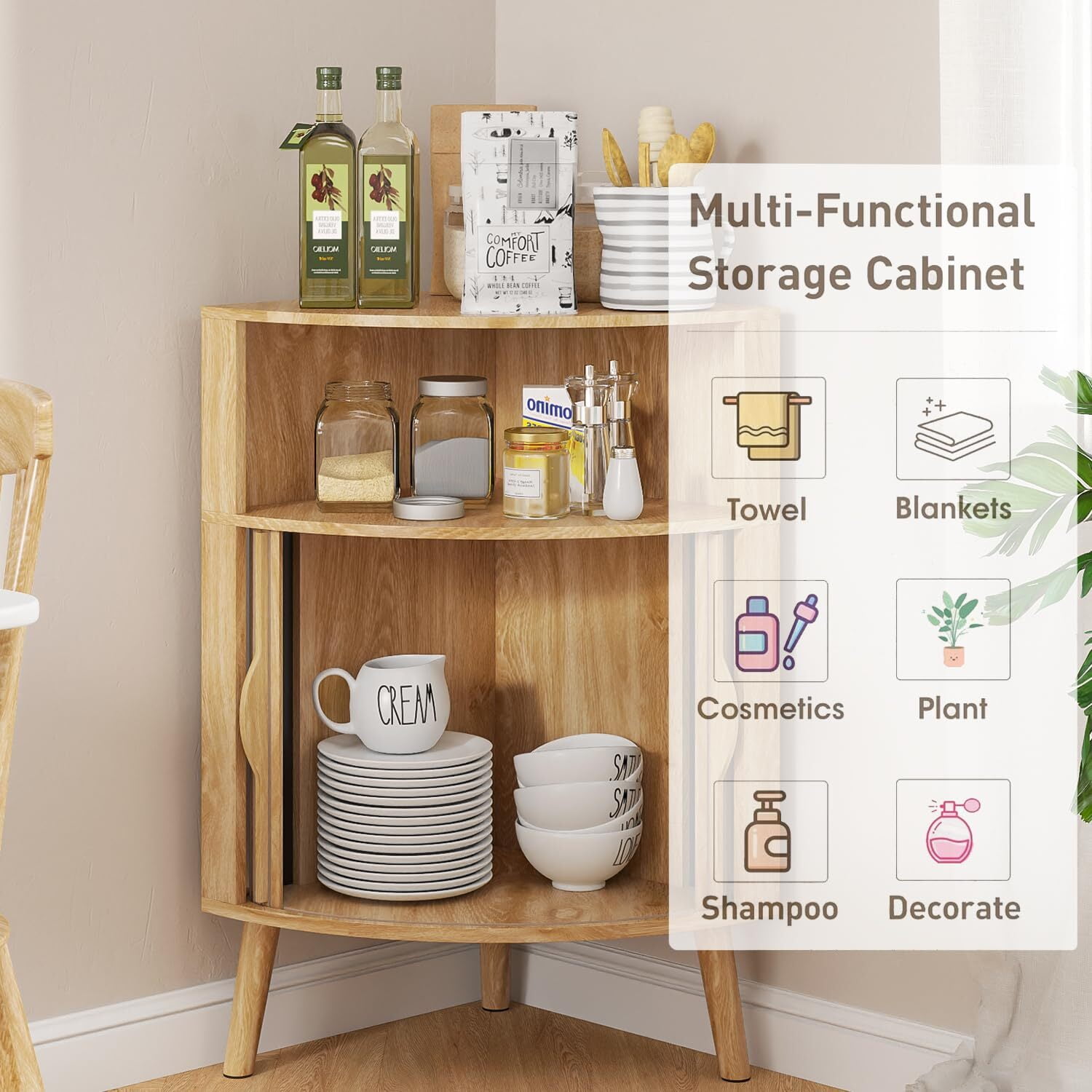 Bathroom Storage Cabinet, 31.5" Narrow Floor Corner Storage Cabinet with Fluted Doors & Shelves, Wood