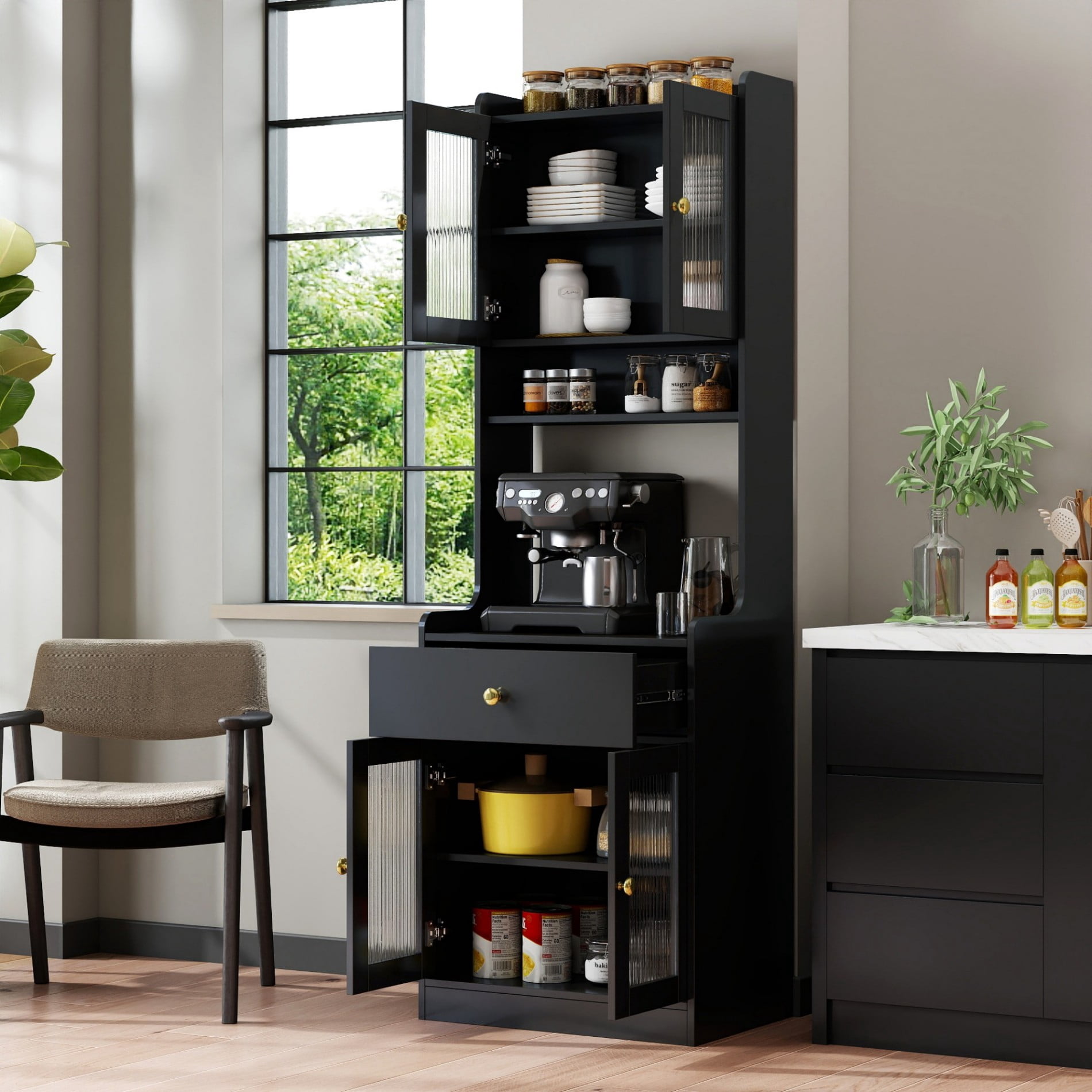 Kitchen Pantry Hutch Cabinet, Farmhouse Buffet Sideboard with Microwave Stand, Coffee Bar Cabinet with Storage Shelves and Drawer, Black