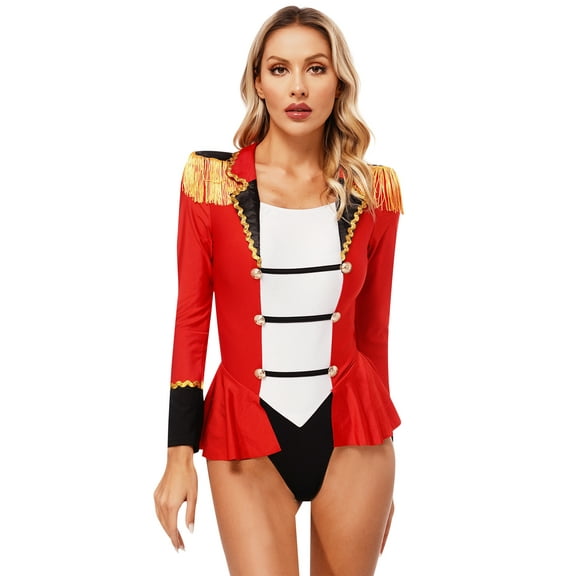 Zaldita Women Long Sleeve Jumpsuit Color Block Patchwork Skirted Bodysuit Halloween Tassel Leotard Tops Red XXL