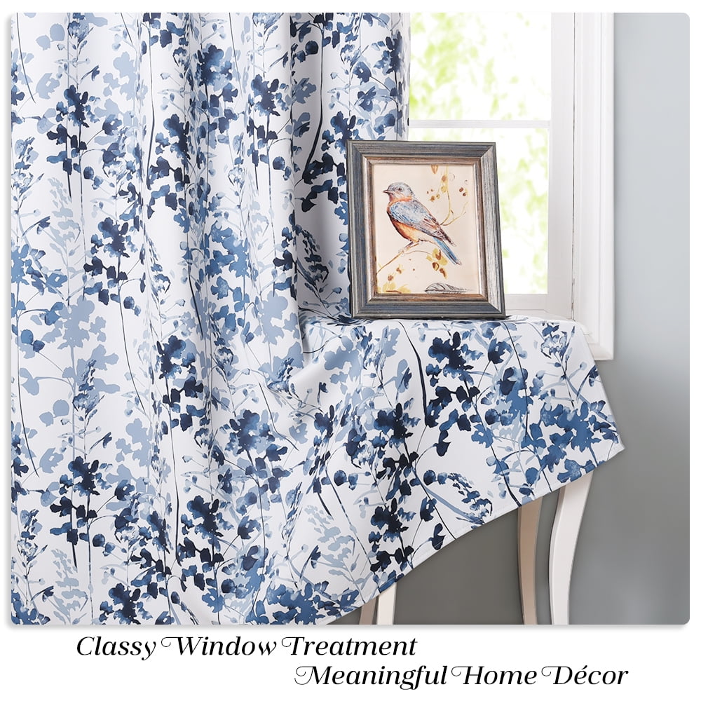NICETOWN Blackout Floral Curtains for Living Room, Watercolor Foliage Light Blocking Curtains Thermal Insulated Energy Efficient Grommet Drapes, Blue, 52"x84", 2 Panels