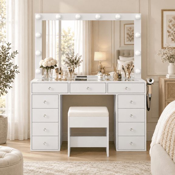 Vanity Desk & Power Outlets, Makeup Vanity with Mirror and 12 LED Lights, Makeup Table with 11 Drawers, Vanity Table with Chair, Vanity Set 3 Lighting Modes Brightness Adjustable