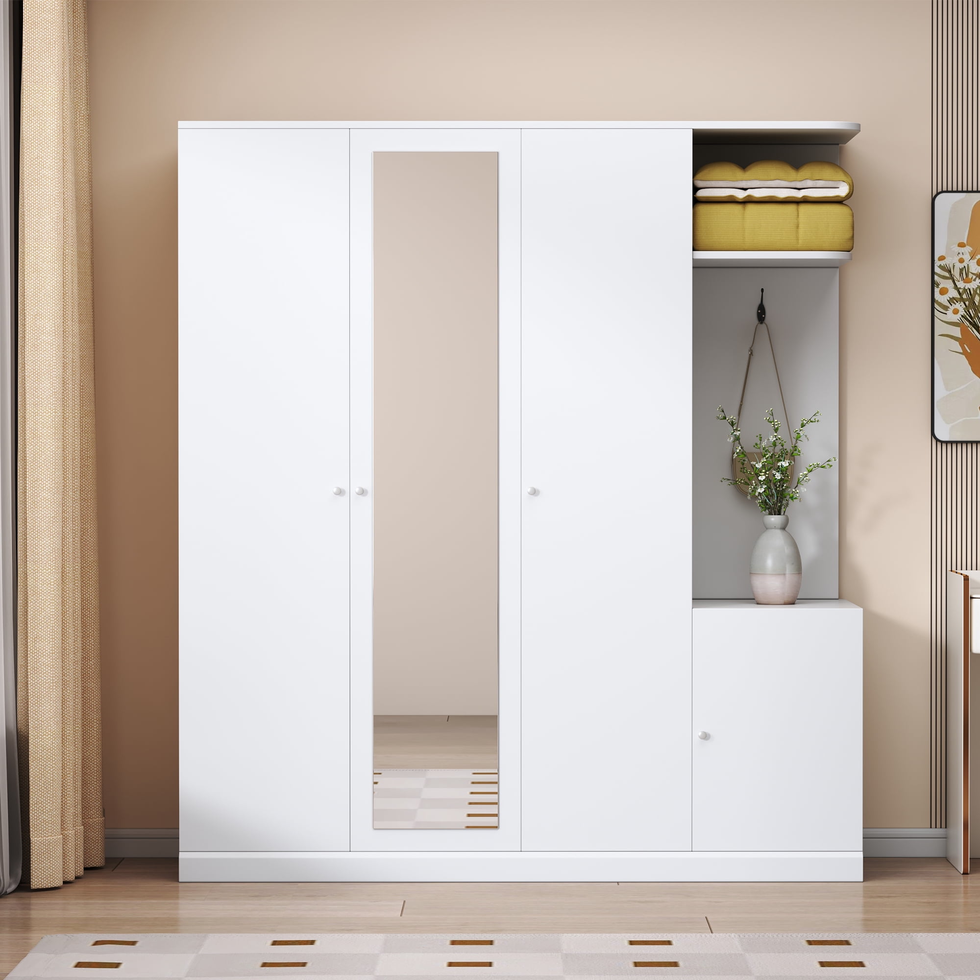Euroco 4 Door Wardrobe with Drawers and Shelves, Wood Armoire with Mirror and Shelves, White