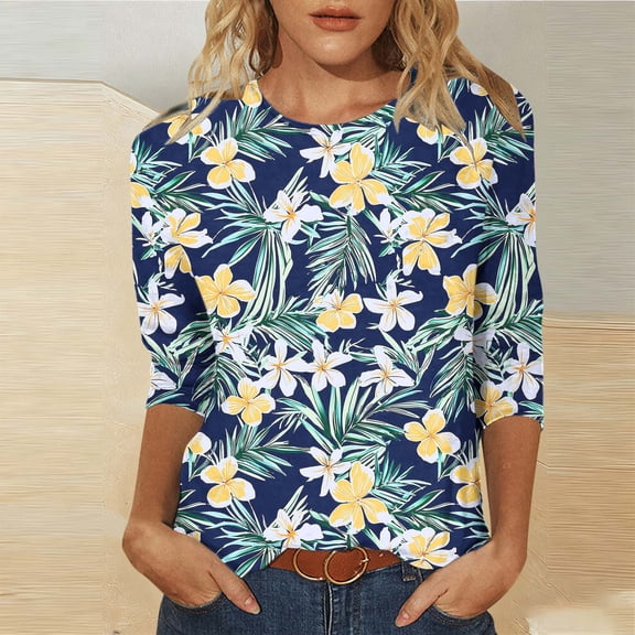 Qulqfy 3/4 Length Sleeve Womens Shirts Casual Hawaiian Floral Tropical Boho Crew Neck Green Loose Comfy Vacation Beach Women Summer Tops XL