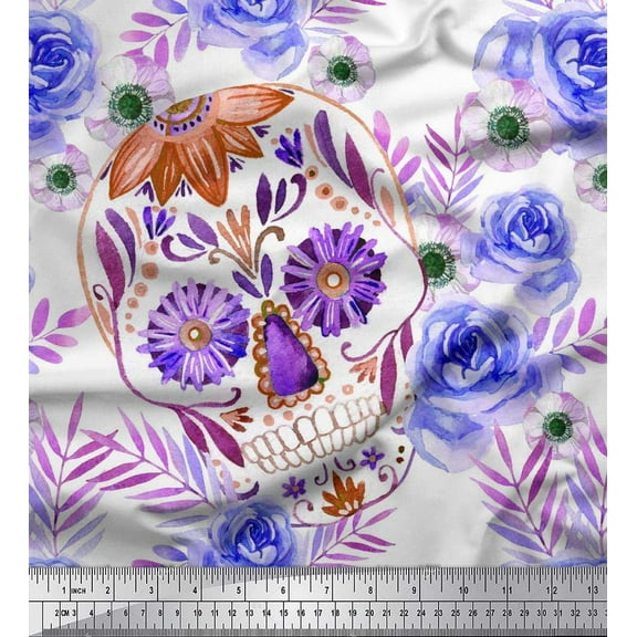 Soimoi Cotton Duck Fabric Skull,Rose & Anemone Flower Printed Fabric 1 Yard 42 Inch Wide