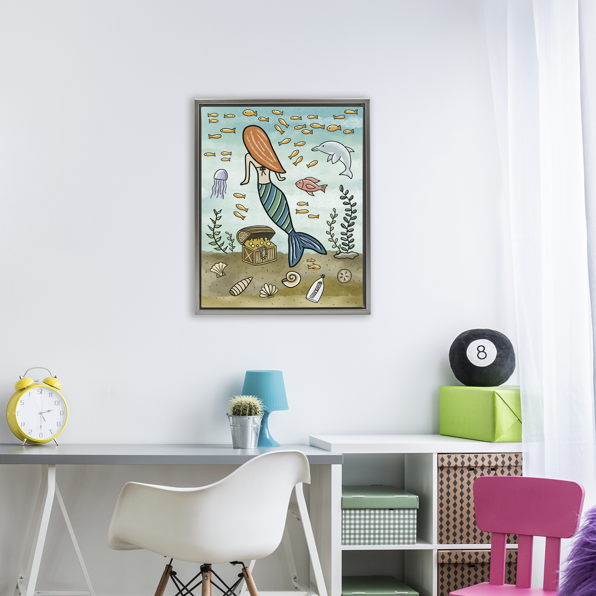Mermaid Treasure Love Note Gray Framed Floater Canvas Wall Art, design by Jennifer Stith