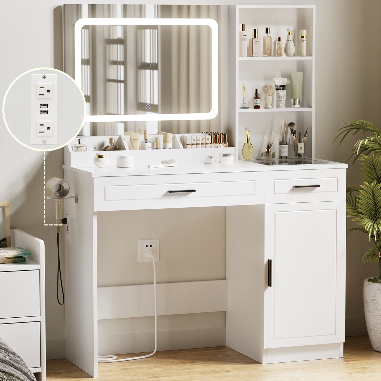 Hommpa Vanity Desk, Makeup Vanity with LED Lighted Mirror, Vanity with Glass Top Drawers, Vanity Table with Charging Station for Girls Bedroom Large Storage Cabinet Shelves, White