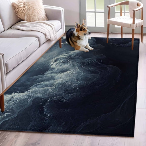 Navy Blue Abstract Art Area Rug 4x6 Washable Rug Non Slip Modern Waves Art Large Area Rug Indoor Floor Carpet for Entryway Bedroom Kitchen Living Room Home Office Dining Room Nursery