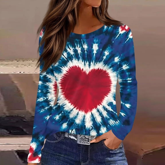 Aobny Womens Blouses Love Heart Tie-Dye Shirt Red Crew Neck Pullover Long Sleeve Womens Tops,L