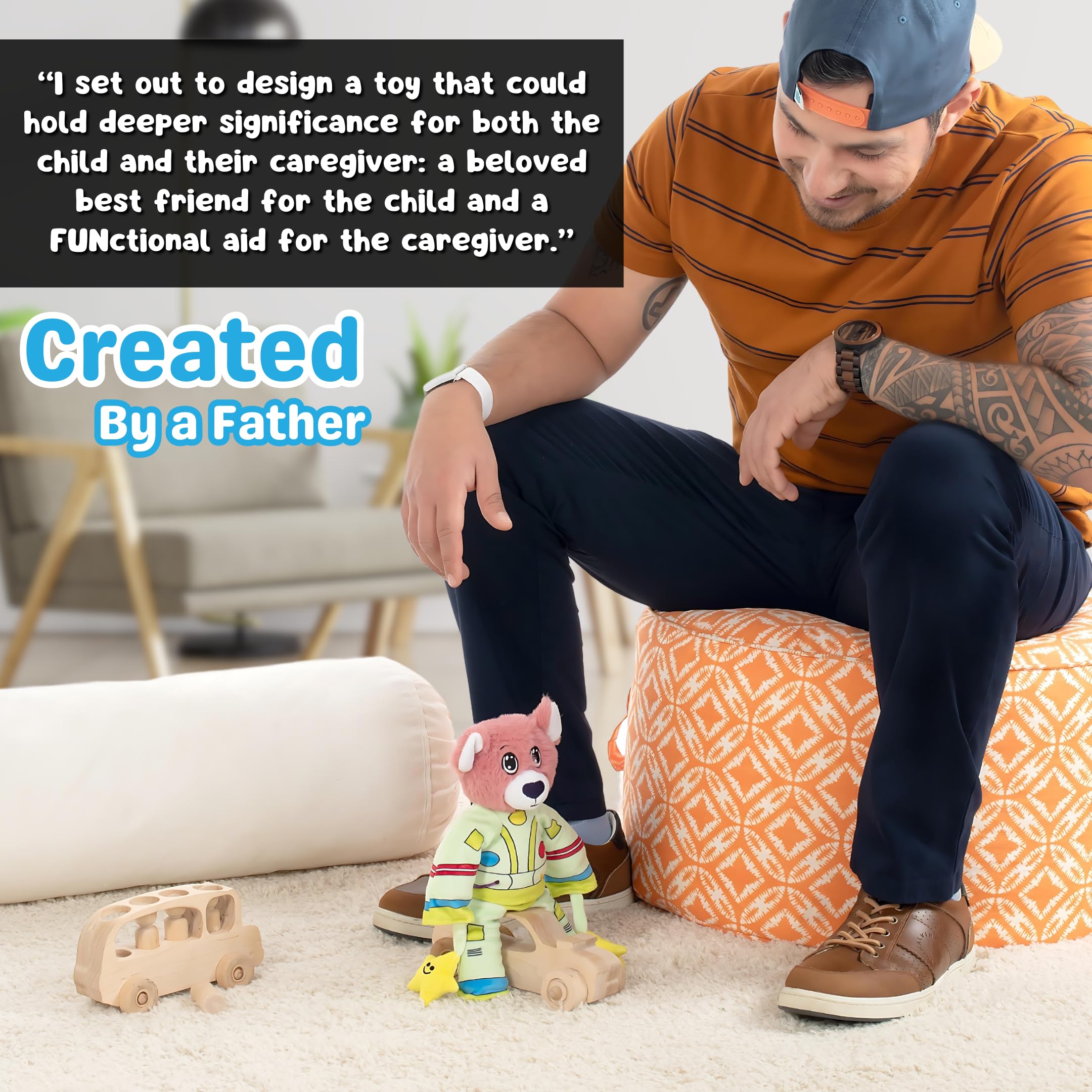 The Adventure Crew Bo the Bear Plush Comfort / Activity Toy for Newborn and Up | Ultra-Soft, 11.5" Compact Size with Weighted Limbs | Interactive Companion for Early Learning