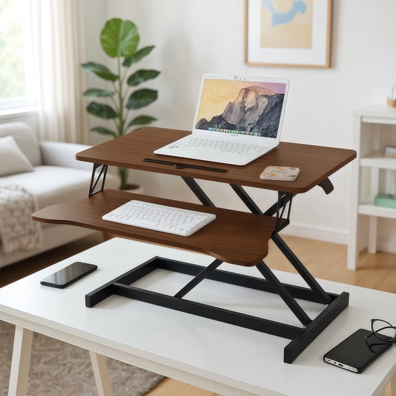 Office Desks 32 Inch Desk Converter, Height Adjustable Sit to Stand Riser, Dual Monitor and Laptop Workstation with Wide Keyboard Tray, Walnut Color,Home Office Desks