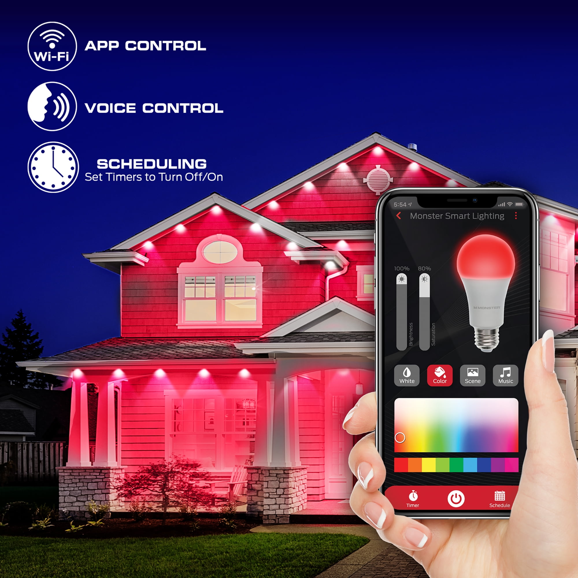 Monster 100 ft Permanent Outdoor Lights Smart   – 72 RGBIC LEDs, Multi-White & Full Color, All-Weather Waterproof, App & Voice Control – Holiday & Year-Round Outdoor String Lighting