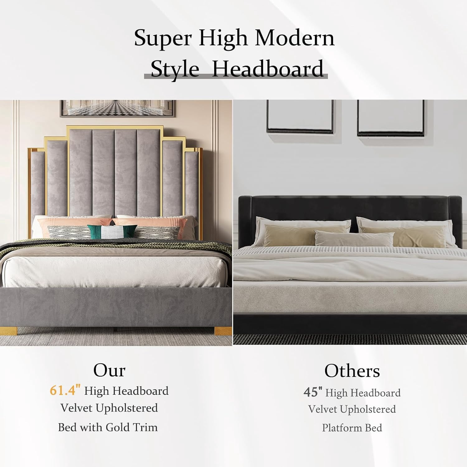 VanAcc Queen Size Platform Bed Frame, 61.4" Velvet Upholstered Bed: with Gold Trim Headboard/Wooden Slats/No Box Spring Needed/Grey