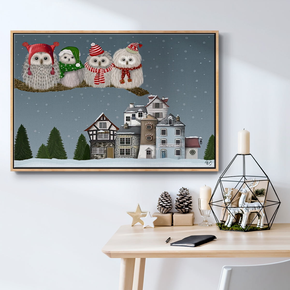 Christmas Christmas Owl Village - Framed Gallery Wrapped Holiday Canvas - 27 x 41 - Natural Wood Frame
